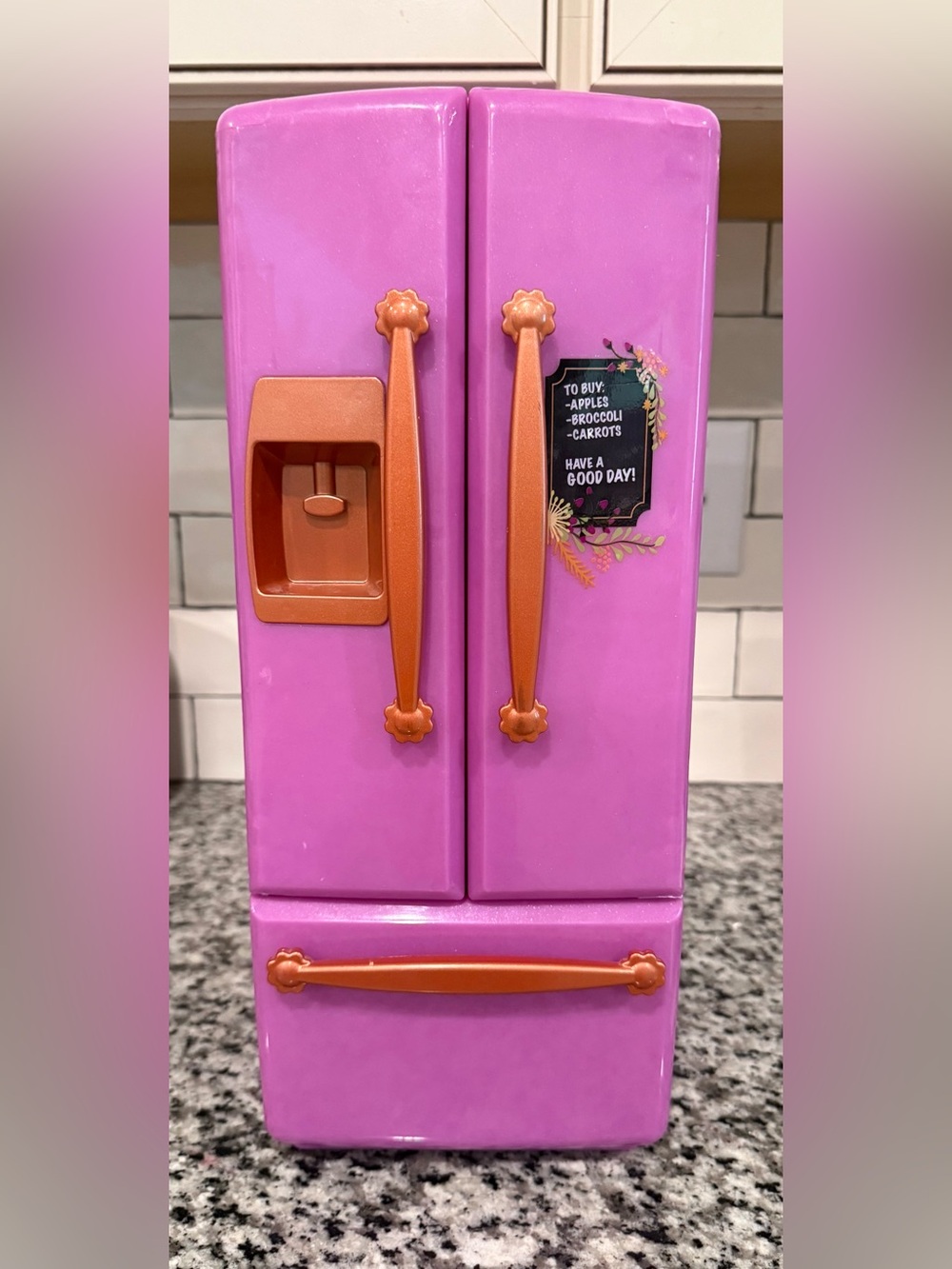Our Generation Pink Toy Refrigerator with Orange Handles